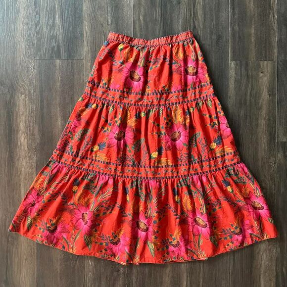 FARM Rio Dresses & Skirts - Farm Rio Maxi Skirt Tiered Red Casual Hi Rise Floral Pineapple Plants Size Small
